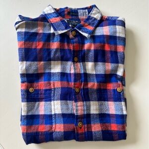 J. Crew Factory Flannel Button Down. Blue and Red/Orange, White Plaid. Large